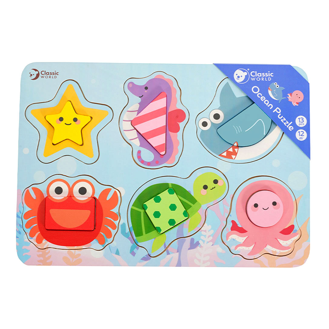 Puzzle drewniane Classic World ze zwierzętami oceanicznymi, 13 elementów.