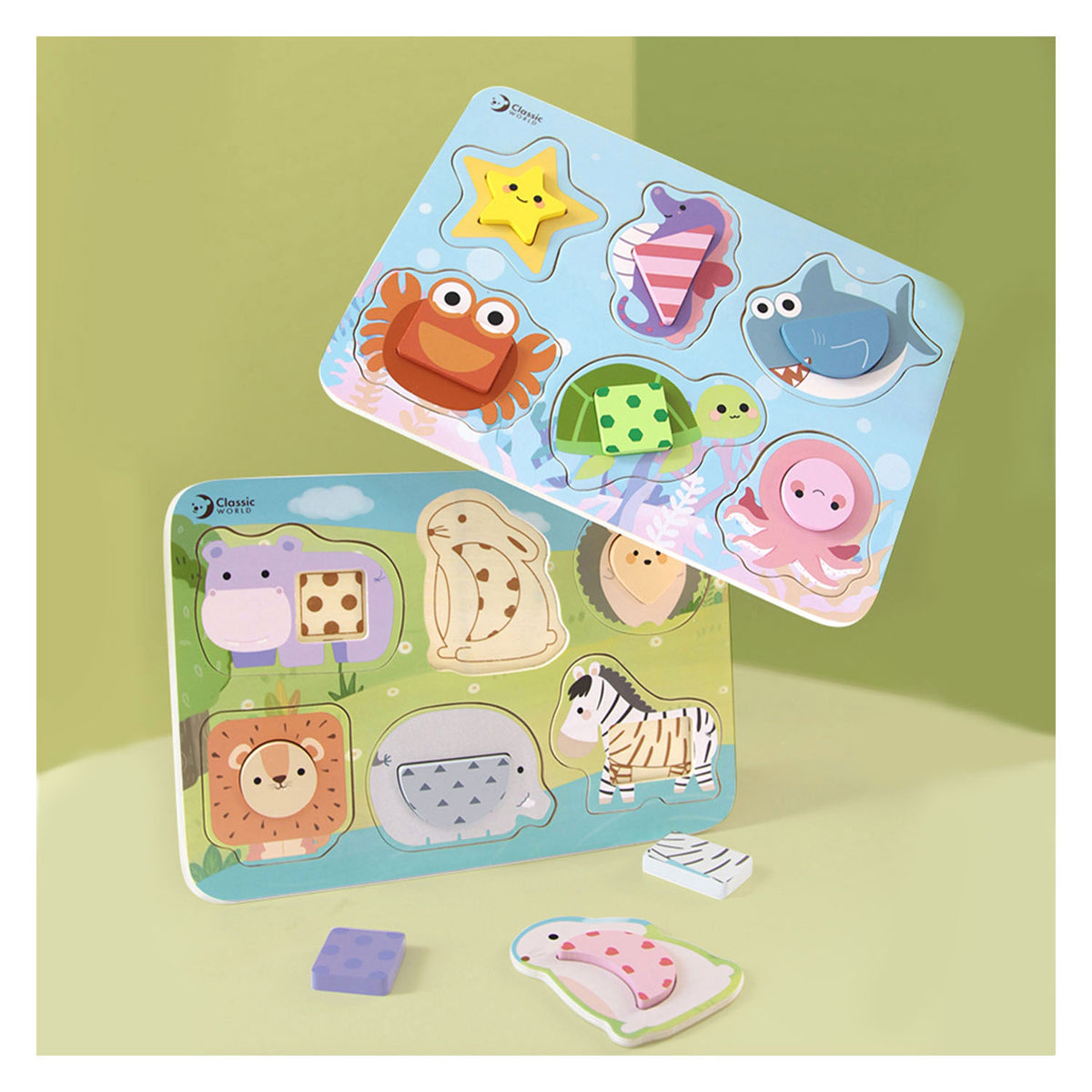 Puzzle drewniane Classic World ze zwierzętami oceanicznymi, 13 elementów.