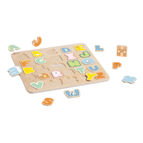 Klasyczne drewniane puzzle z alfabetem, zabawki edukacyjne 27 elementów.