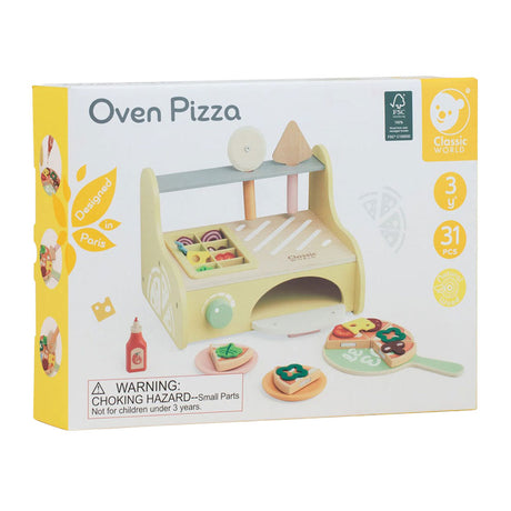 Klasyczny zestaw do zabawy z drewnianym piecem do pizzy, 7 elementów.