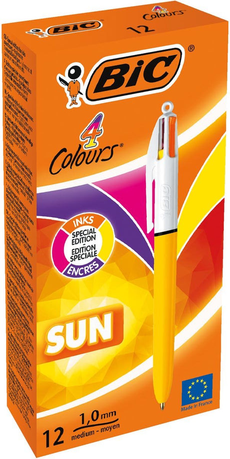 Bic 4 kolory słońce, długopis, 0,32 mm, 4 modne kolory tuszu, korpus żółty, pudełko 12 szt.