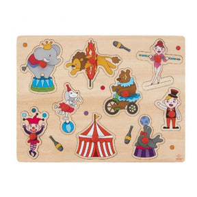 Engelhart Button Puzzle Circus - mały - drewniane puzzle - czerwone plastikowe guziki - puzzle dla dzieci z motywem zwierząt -
