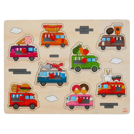 Puzzle guzikowe Engelhart food truck – małe – drewniane puzzle – czerwone plastikowe guziki – puzzle dla dzieci z motywem jedzenia –