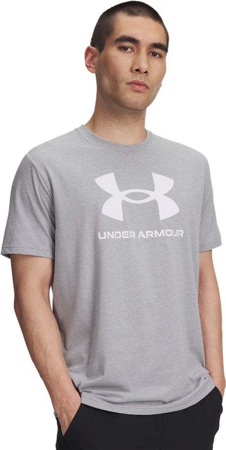 Męska koszulka sportowa Under Armour UA Sportstyle Logo Update SS-Gry – Steel Light Heather – Biała