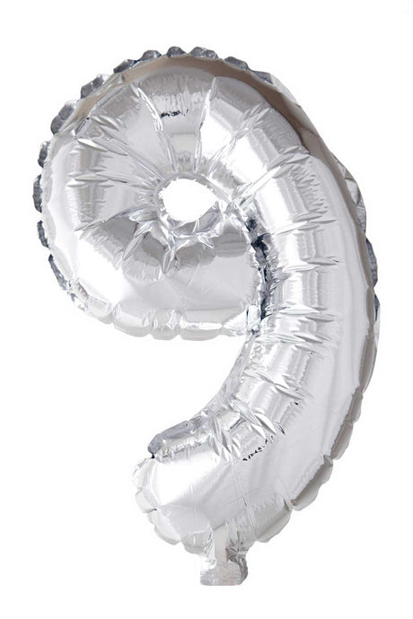 Balon z cyfrą Globos '9', srebrny, foliowy, 40cm, na hel.