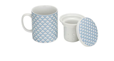 Przytulny, przytulny, modny porcelanowy kubek do herbaty z filtrem + pokrywką o wymiarach 8x10,5 cm w kolorze deco blue