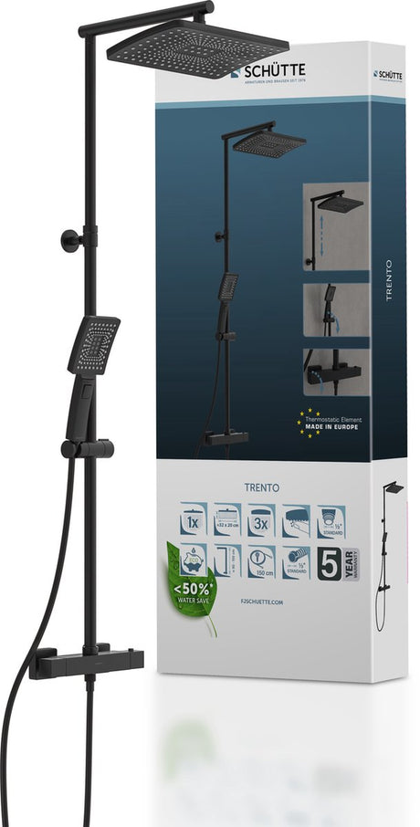 System prysznicowy Schütte Trento - deszczownica - z termostatyczną baterią prysznicową - rozstaw osi 150 mm - czarny mat