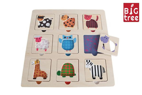 Drewniane puzzle z dużym drzewem Znajdź zwierzę, 9 szt