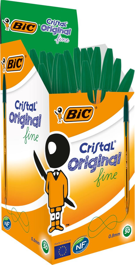 Bic cristal oryginalne cienkie długopisy - zielone - pudełko 50 sztuk - cienki grot 0,8 mm