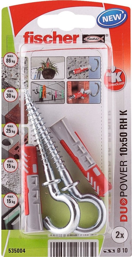 Seria Fischer duopower - wtyczka uniwersalna z okrągłym haczykiem - 10x50mm - zestaw 2 szt. - szaro-czerwony