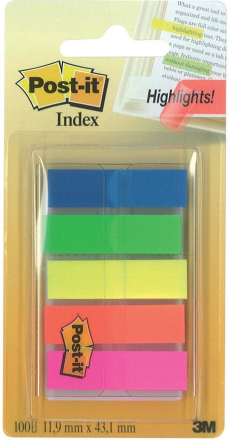 Karteczki samoprzylepne Post-it® Index półprzezroczysty, przenośny zestaw, zielony, pomarańczowy, różowy, żółty, niebieski, 12 x 43 mm, dozownik kolorów z 20 zakładkami