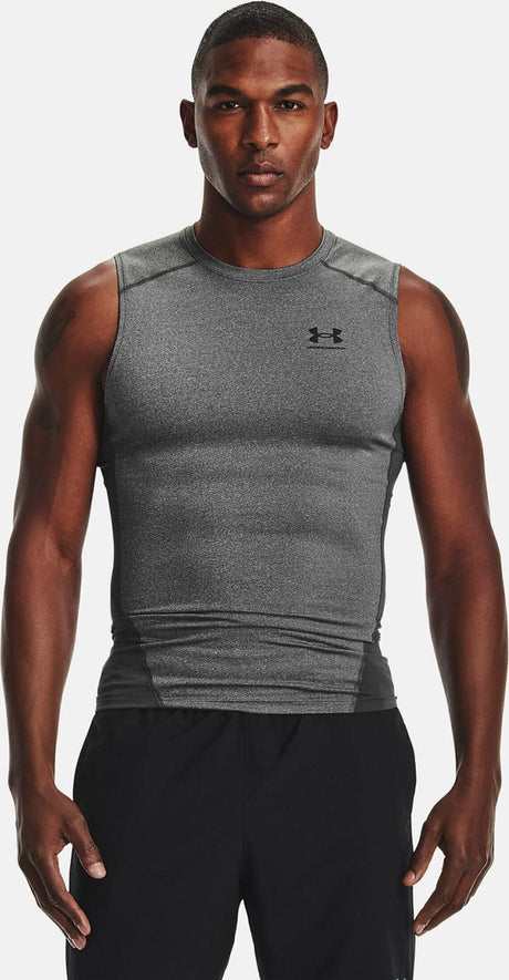 Męska koszulka sportowa Under Armour UA HG Armor Comp SL-Gry – Carbon Heather – Czarna