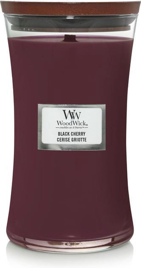 Duża świeca zapachowa Woodwick z klepsydrą - czarna wiśnia - 130 godzin palenia