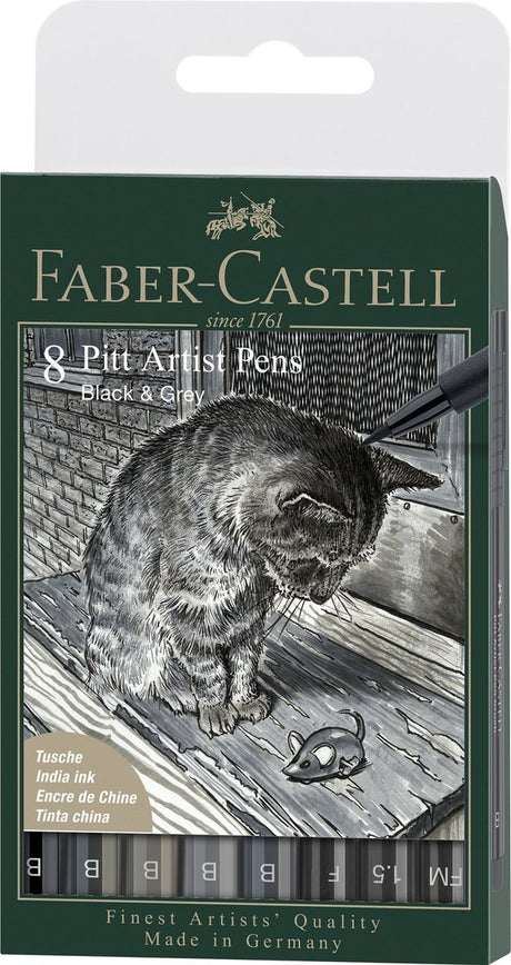 Pióro rysunkowe Faber-castell - cienkopisy - pióro artystyczne Pitt - czarny + szary - 8-częściowe etui szerokość linii fm, 1,5, f, 5x b - fc-167171