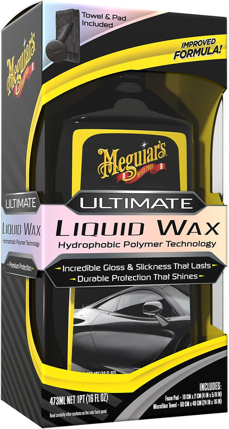 Meguiar's Meguiar's Ultimate Liquid Wax 473ml zestaw - 3-częściowy zestaw do wosku samochodowego - lustrzane odbicie - w zestawie ściereczka z mikrofibry z aplikatorem