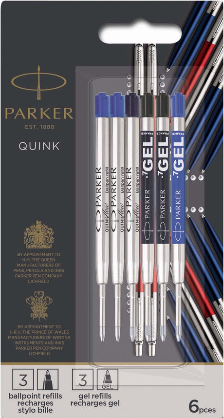 Pakiet Parker Jotter London Discovery składający się z wkładów do długopisu i długopisu żelowego: 3 wkłady quinkflow do długopisu i 3 wkłady żelowe quink
