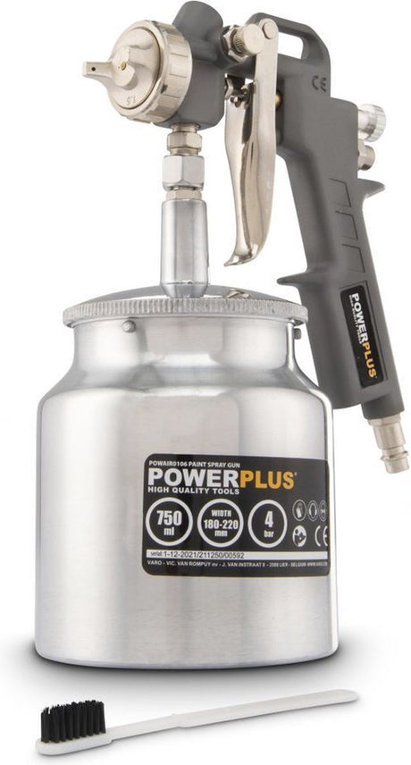 Pneumatyczny pistolet malarski Powerplus powair0106 - agregat malarski - max. ciśnienie: 4bar - 750ml górny kubek - szerokość strumienia 180-220mm