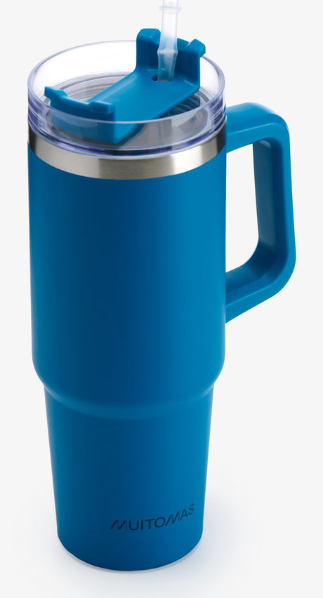 Kubek podróżny Muitomas - kubek podróżny - podwójna izolowana ścianka - praktyczny słomkowy uchwyt - 900ml - niebieski