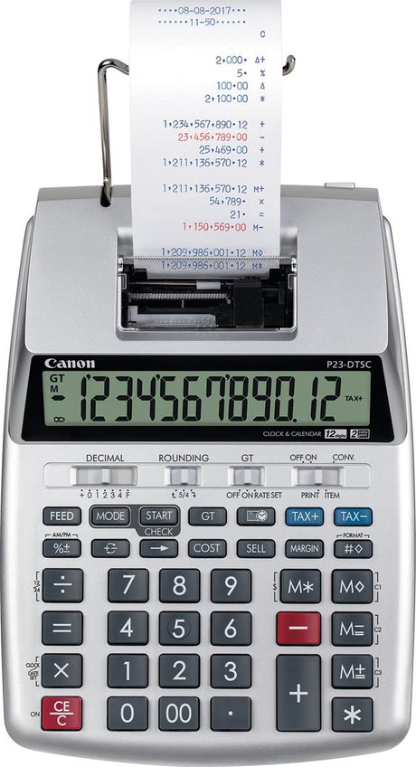 Canon p-23 dtsc ii – kalkulator biurkowy z drukarką – 12-cyfrowy wyświetlacz – podwójny zasilacz – srebrny