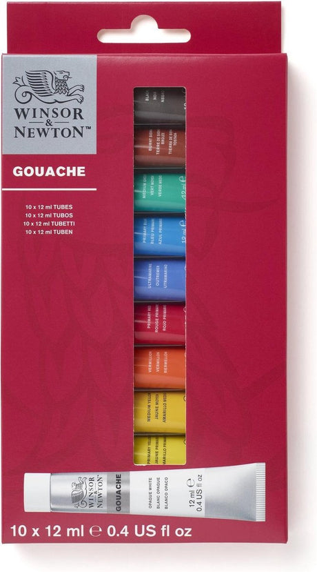 Zestaw gwaszów Winsor Newton 0890001 – 10 x 12 ml – kryjąca, światłotrwała, mieszalna farba temperowa, matowa – zestaw startowy