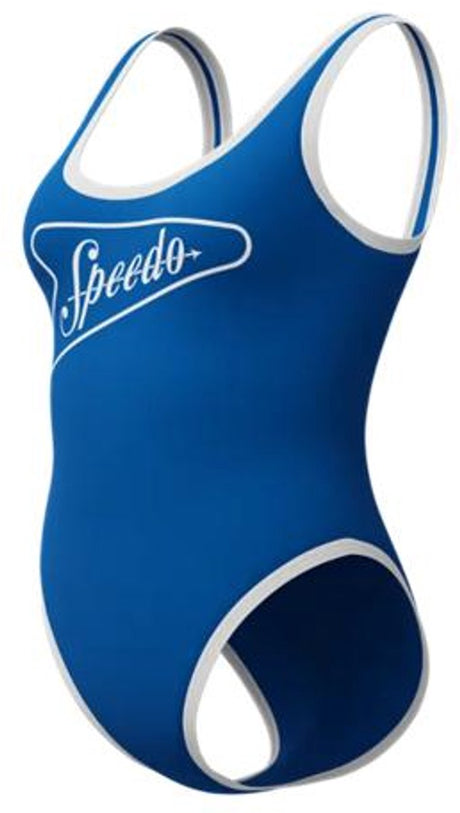 Speedo solid bound scoop 1 piece dames sportbadpak - badpak dames met ronde halslijn - zwempak dames met stretch - sportbadpak dames met u-vormige rug - blauw wit - m
