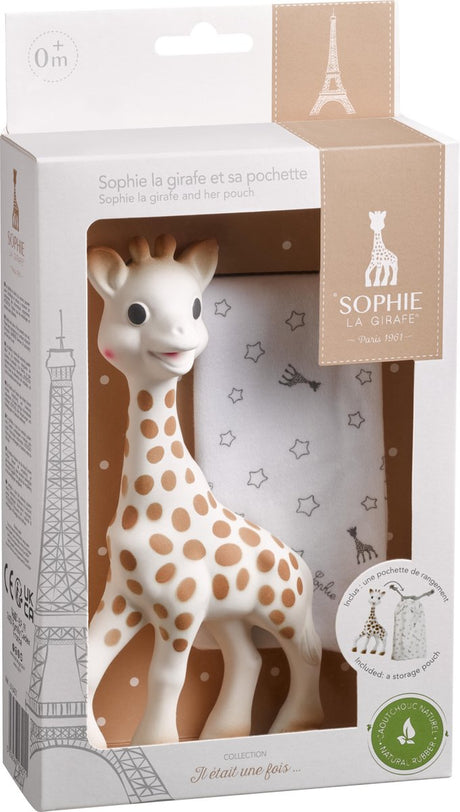 Żyrafa Sophie - zabawka do ząbkowania - zabawka do ząbkowania - zabawki dla dzieci - prezent dla matki - prezent na baby shower - w białym pudełku - 100% naturalnej gumy - od 0 miesięcy - 18 cm - beżowo-brązowy - z torbą do przechowywania