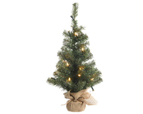 Mini sztuczna choinka Everlands z 50 diodami LED w worku jutowym 90 cm w kolorze ciepłej bieli. Działa na 3 bateriach AA i posiada timer wewnętrzny