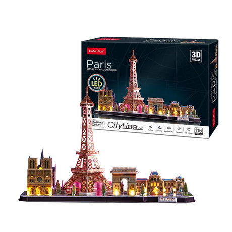 Zabawne, sześcienne puzzle 3D City Line Paris z oświetleniem LED, 115 elementów.