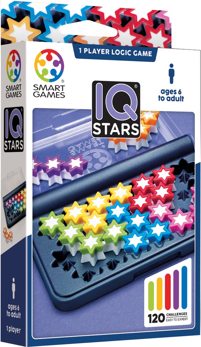 Smartgames IQ Stars - gra logiczna, podróżna, łamigłówka - 120 zadań z kolorowymi gwiazdkami - edukacyjna gra solo - od 6 lat