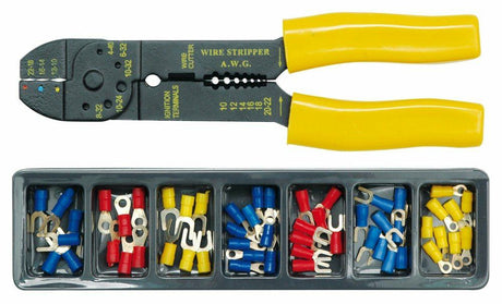 Zestaw szczypiec do zaciskania ze ściągaczem izolacji - łącznie z izolowanymi końcówkami kablowymi - 190mm - PVC CS - AWG 22-8