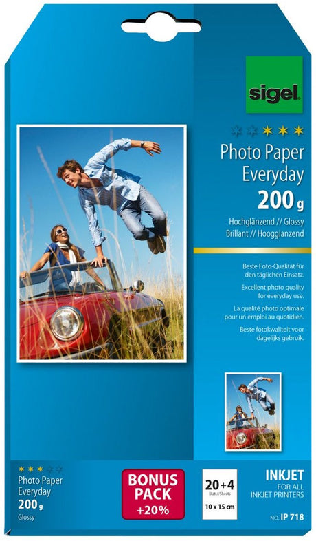 Papier fotograficzny do drukarek atramentowych Sigel - daily plus - 10x15cm - wysoki połysk - 200 gramów - 24 ark. - si-ip718