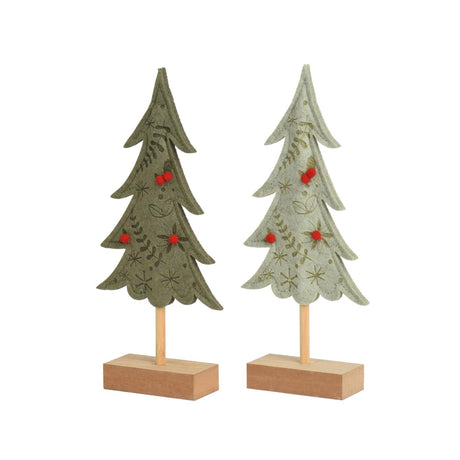 Decoris beeld kerstboom vilt op mdf voet 4x11x25cm 2 assorti