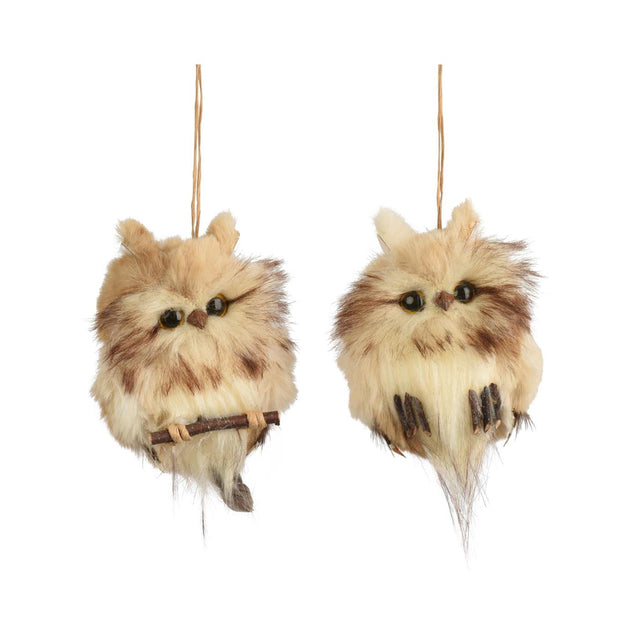 Decoris kersthanger uil imitatie bont 6x6x8cm 2 assorti