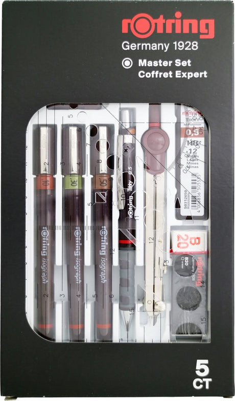 Zestaw długopisów isograph Rotring zestaw piór technicznych i ołówków automatycznych | 3 cienkopisy (0,1 mm, 0,3 mm, 0,5 mm), ołówek automatyczny (0,5 mm) i kompas oraz akcesoria | 10 sztuk