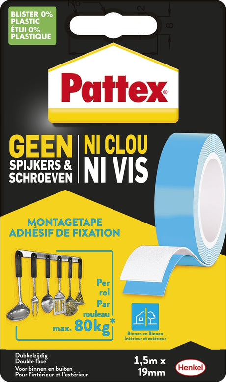 Taśma montażowa Pattex dwustronna 80kg | do użytku w pomieszczeniach| Taśma montażowa podwójna 1,5m | dwustronna taśma klejąca.