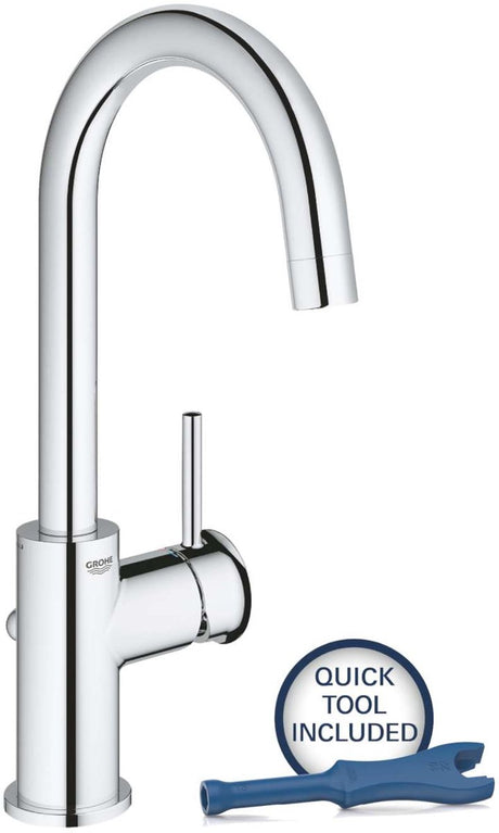 Grohe start classic aquacalibratore wastafelkraan l-size met afvoerplug met hoge draaibare uitloop chroom