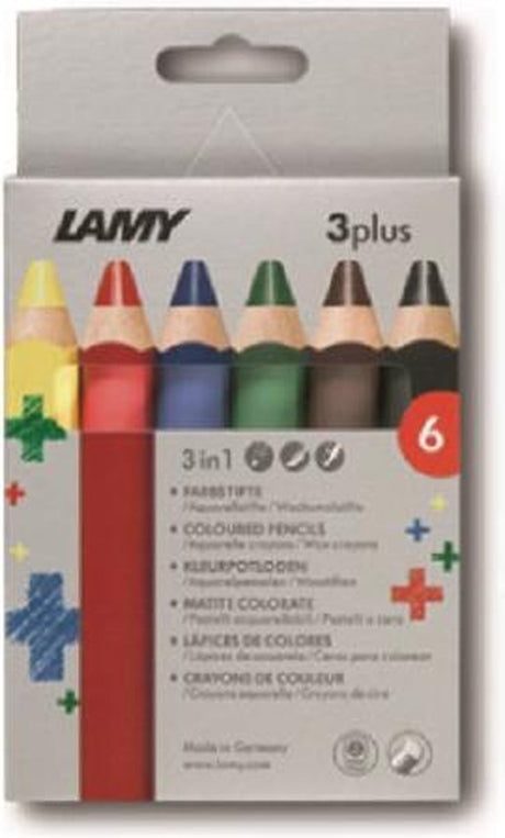 Kredki Lamy 3plus 520 Zestaw 6-częściowy – bardzo gruba kopalnia ø 10 mm, kredki wykonane z drewna cedrowego o ergonomicznym kształcie – idealne dla dzieci od 3 lat – w zestawie składane pudełko