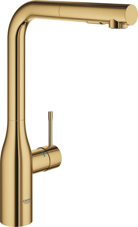 Grohe Essence nowy kran kuchenny - wysoka wylewka - z wyciąganą główką prysznicową - podwójny strumień - chłodny wschód słońca (złoty)
