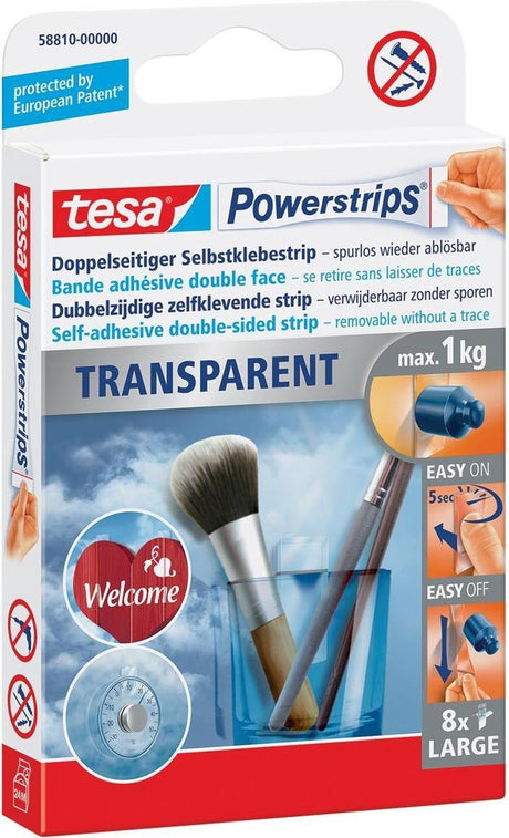Tesa Powerstrips® transparent Large - paski samoprzylepne - 8 sztuk - nośność do 1 kg - niewidoczny montaż bez wiercenia