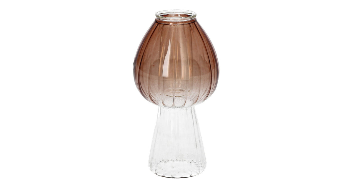 Kandelaar paddenstoel morel d6.5 h12.3cm bruin helder glas