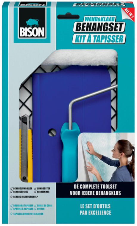 5-częściowy zestaw do tapet Bison wall Ready®, zawierający kratkę samoprzylepną, wałek do klejenia tapet, szpatułkę do tapet, nóż łamany, instrukcję, odpowiedni do wszystkich rodzajów tapet