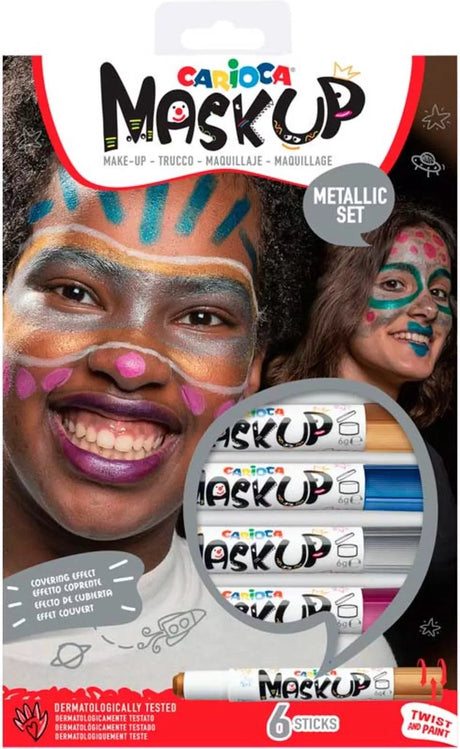 Metaliczne markery do makijażu Carioca mask up - 6 kolorów (szary złoty fioletowy niebieski zielony różowy) - makijaż dziecięcy - zmywalny