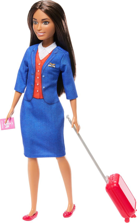 Lalka Barbie – stewardessa – niebieski mundurek z walizką, słuchawkami i paszportem