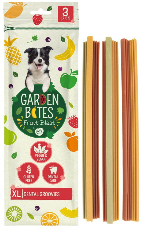 Garden Bits duvoplus - owocowe dentystyczne przekąski dla psów - przysmaki dla psów - wegetariańskie bezglutenowe - bardzo duże 3 szt.