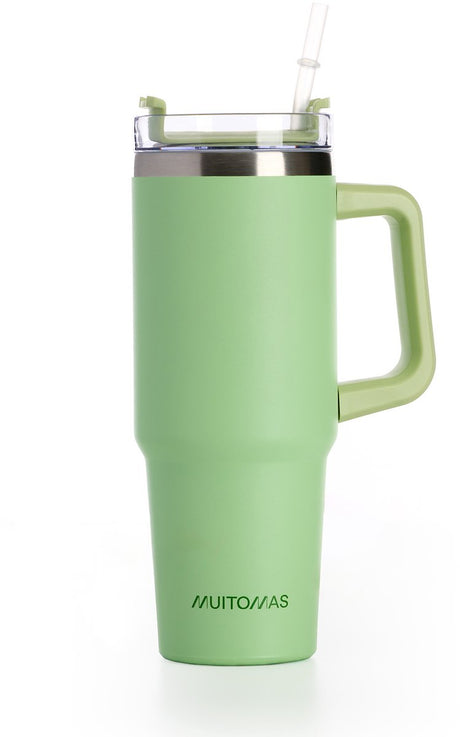 Kubek podróżny Muitomas - kubek podróżny - podwójna izolowana ścianka - praktyczny słomkowy uchwyt - 900ml - zielony