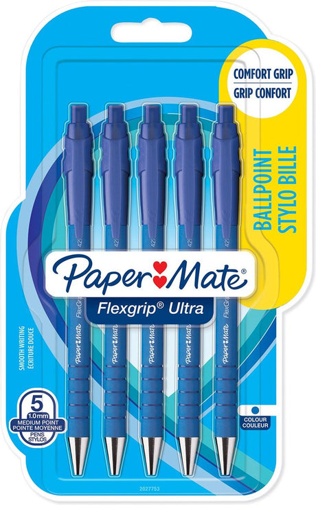 Długopisy papierowe Paper Mate flexgrip ultra z przyciskiem | punkt średni (1,0 mm) | niebieski atrament | 5 sztuk
