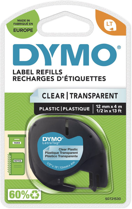 Dymo letratag oryginalne etykiety plastikowe | czarny nadruk na przezroczystych etykietach | 12 mm x 4 m | samoprzylepne etykiety wielofunkcyjne do drukarek etykiet Letratag | wyprodukowano w Europie