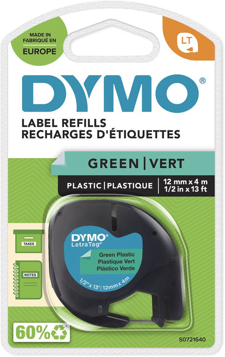 Dymo letratag oryginalne etykiety plastikowe | czarny nadruk na zielonych etykietach | 12 mm x 4 m | samoprzylepne etykiety wielofunkcyjne do drukarek etykiet Letratag | wyprodukowano w Europie