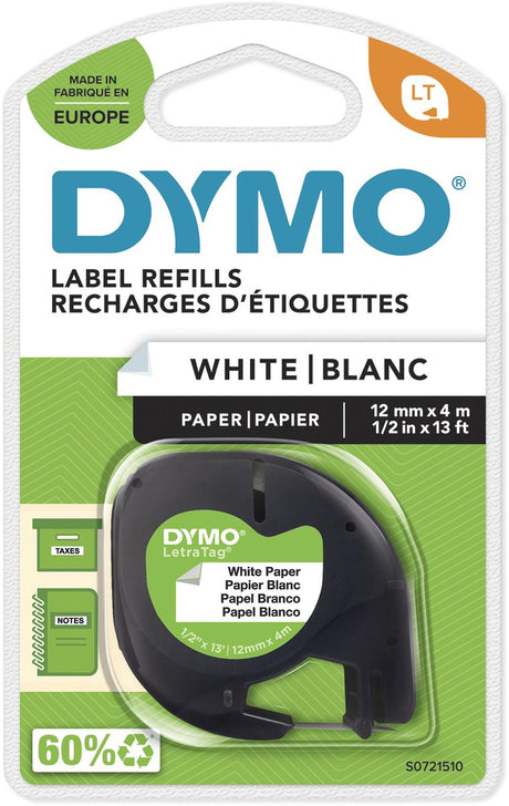 Dymo letratag oryginalne etykiety papierowe | czarny nadruk na białych etykietach | 12 mm x 4 m | samoprzylepne etykiety wielofunkcyjne do drukarek etykiet Letratag | wyprodukowano w Europie