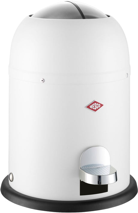 Wiadro na kosmetyki Wesco mini master z matowej białej blachy stalowej malowanej proszkowo, pojemność 6 litrów, wewnętrzne wiadro z tworzywa sztucznego, pedał nożny